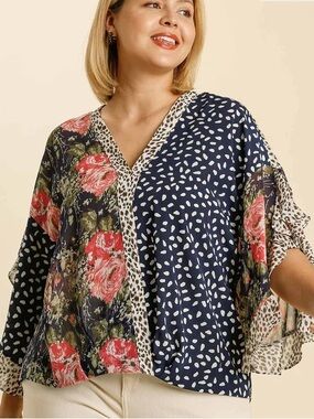 Umgee Mixed Print Navy, Red & Green V-Neck Tunic